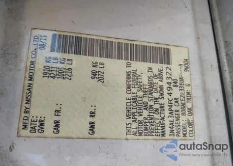 2015 Nissan Altima 2.5/2.5 S/2.5 Sl/2.5 Sv z USA, uszkodzony, nr VIN 1N4AL3AP4FC494322